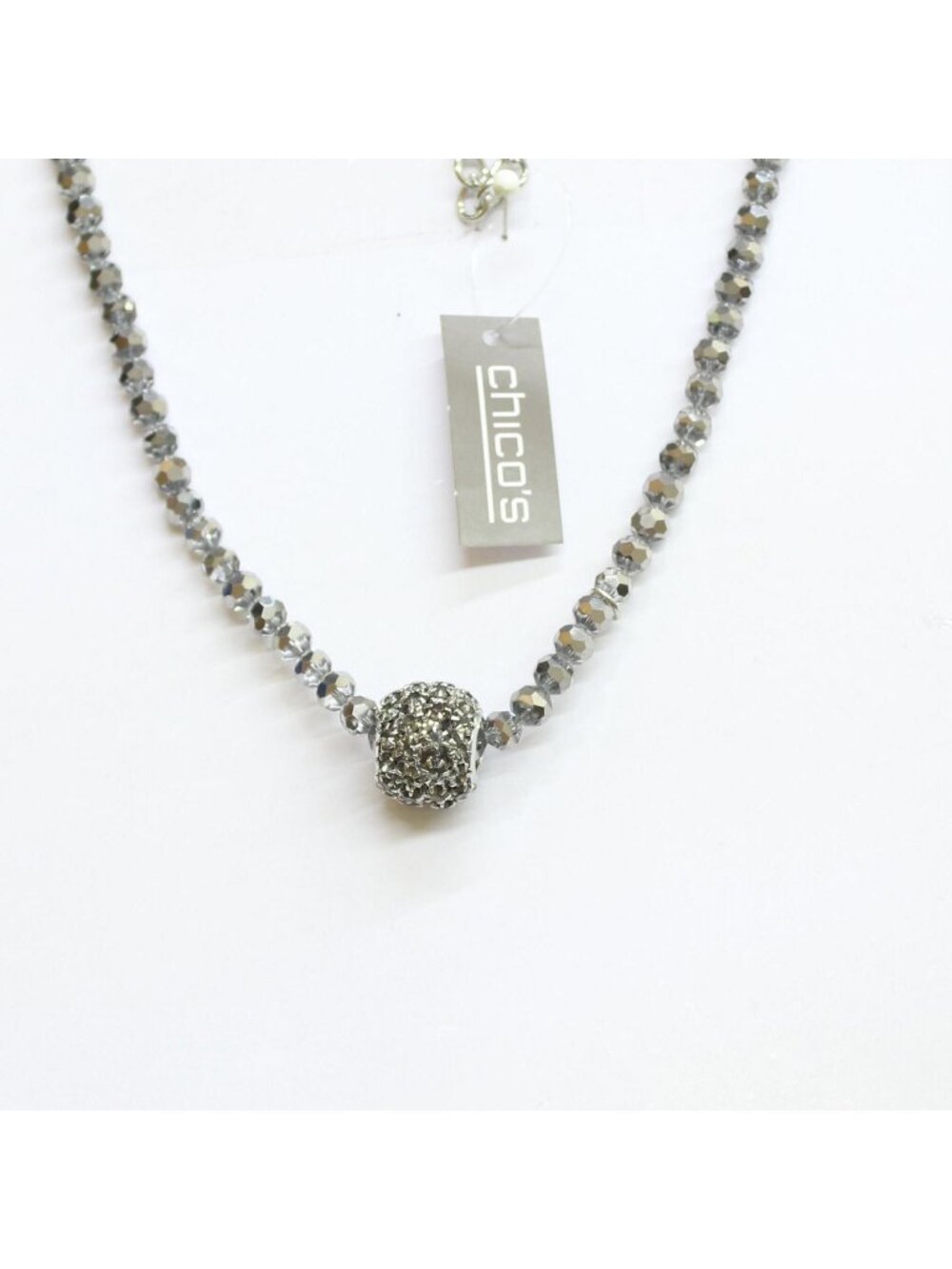 NWT Chico's Beaded Opera Long Necklace with Pave Focal Bead Gray 32" + 5"